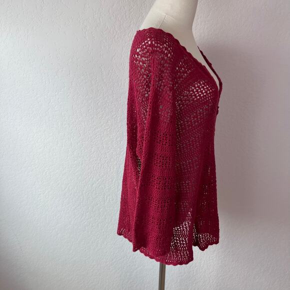 Vintage Y2K Crochet Button Up Cardigan Sweater size Large Burgundy Whimsygoth - Picture 4 of 11
